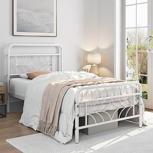 Yaheetech Metallbett 90 x 190 cm Bettrahmen mit Hohem Kopfteil & Fußteil, Einzelbett Bettgestell mit Lattenrost & Stauraum unter dem Bett, Jugendbett Gästebett für Schlafzimmer Gästezimmer, Weiß von Yaheetech