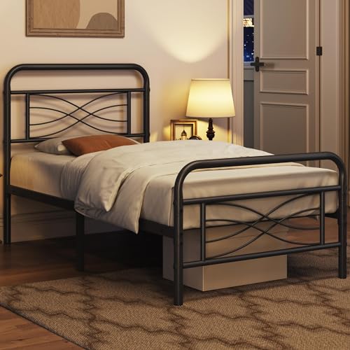 Yaheetech Metallbett 90 x 200 cm mit Industriestil Bettrahmen mit Kopfteil, Bettgestell mit Lattenrost, Jugendbett aus Metall, Modern Gästebett, Stauraum Unterm Bett Schwarz von Yaheetech