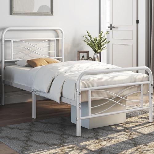 Yaheetech Metallbett Bettrahmen mit Industriestil mit Kopfteil, Bettgestell mit Lattenrost, Metallrahmenbett aus Metall, Modern Gästebett, Stauraum Unterm Bett Weiß/90 x 200 cm von Yaheetech