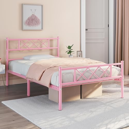 Yaheetech Metallbett Bettgestell Einzelbett 90x190 cm Doppelbett mit Lattenrost Bettrahmen mit Kopfteil Gästebett Jugendbett für Schlafzimmer Gästezimmer, Hellrosa von Yaheetech