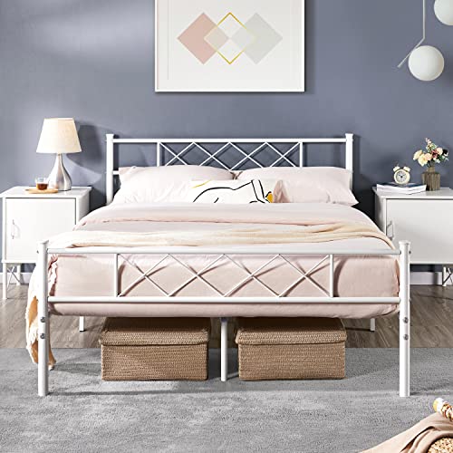 Yaheetech Modern Metallbett 140x200 cm Bettgestelle mit Lattenrost, Doppelbett/Einzelbett, Bettrahmen mit Kopfteil, Gästebett Jugendbett für Schlafzimmer Gästezimmer Weiß von Yaheetech