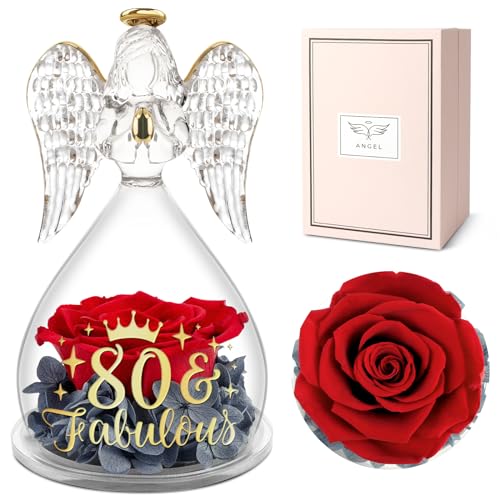 Yamonic Geburtstagsgeschenk für Frauen, Ewige Rose Geschenke zum 80 Geburtstag, Geschenke für Oma,Engel Figur Geschenke für Mama,Ewige Blume in Engel Glaskuppel,Geschenke für Frauen,80 Fabulous von Yamonic