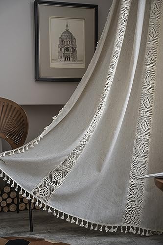 Yaofeiou Beige Vorhänge Boho Blumen Hohle Gardinen mit Quaste Baumwolle Leinen Häkeln Stricken Gardinen Transluzente Verdunklung Gardinen für Wohnzimmer Schlafzimmer, 2Stück, B150xH200cm von Yaofeiou