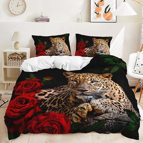 Yaofeiou Chic 3D Leopard Bettwäsche 155x220 3teilig Blume und Leopard Thema Bettwäsche Mikrofaser Tiermotiv Bettbezug für Mädchen Frauen Schwarz Weiß Wendebettwäsche mit 2 Kissenbezug 80x80 von Yaofeiou