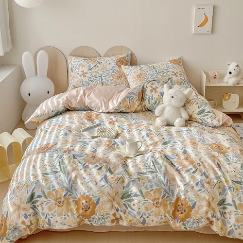 Yaofeiou Premium Baumwolle Bettwäsche 135x200 Gelb Blume Muster Bettbezug Damen Mädchen Bettwäsche Pflanzen Blätter Muster Wendebettwäsche mit Reißverschluss und 1 Kissenbezüge 80x80 von Yaofeiou