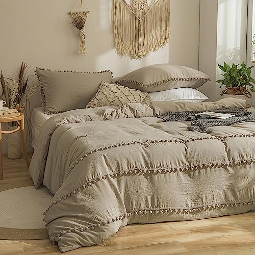 Yaofeiou Romantisch Quaste Pompons Bettwäsche 135x200 4Teilig Böhmisch Bettwäsche Khaki Kamel Weich Gewaschene Microfaser Bettbezug Boho Vintage Bettwäsche Set 2 Bettbezug und 2 Kissenbezug 80x80 von Yaofeiou