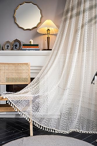 Yaofeiou Vintage Gardinen Boho Beige Vorhänge Mit Quaste Hohle Blume Muster Vorhänge Landhausstil Häkeln Stricken Gardinen Lace Transparent Vorhänge für Wohnzimmer Schlafzimmer, 2 Stück, B150xH240cm von Yaofeiou