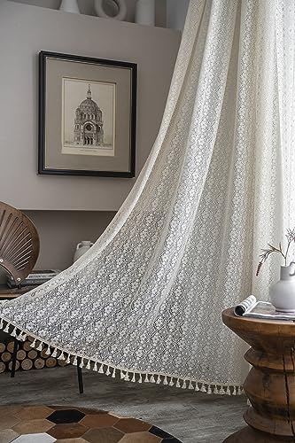 Yaofeiou Vintage Vorhänge Landhausstil Häkeln Stricken Vorhang Beige Blume Vorhänge Transluzent Vorhang mit Quaste Ösenschal Luftig Dekoschal für Wohnzimmer Schlafzimmer, 2er Set B150xH160cm von Yaofeiou