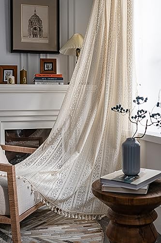 Yaofeiou Vintage Vorhang Beige Landhausstil Häkeln Stricken Vorhang mit Kräuselband Quaste, Voile Blume Vorhänge Outdoor Baumwolle Gardienen für Wohnzimmer Schlafzimmer Dekor, 2 Stück, B150xH200cm von Yaofeiou