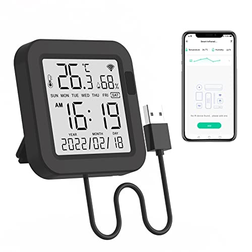 eMylo WiFi Thermometer Hygrometer, Smart IR-Fernbedienung, Universelle IR Fernbedienung kompatibel mit Alexa&Google Assistant, mit Digitaler Temperatur Feuchtigkeit Sensor mit großer Bildschirm von Yasorn