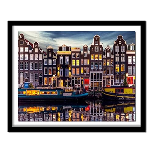 5D Diamond Painting Set,Amsterdam Haus szenisch Diamant Painting Bilder Kit DIY Erwachsene Stickerei Kreuzstich Voll Strass Kristall Diamant Kunst Handwerk für Home Wand-Decor Square Drill,60x80cm von Yeecer