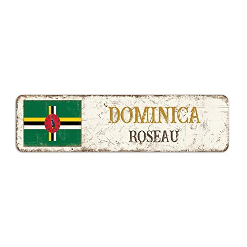 Dominica Straßenschild Roseau City Schild, Dominica Flagge Schild, Vintage Land Hauptstadt Stadt Souvenir für Landstraße Wanddekoration 8 x 30 cm von Yelolyio