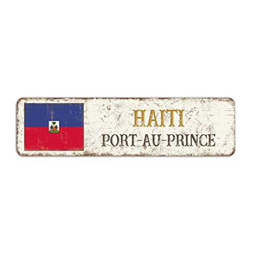 Haiti Straßenschild, Vintage Retro Portau Prince City Schild, Haiti Country Metallschild für Innen- und Außenwanddekoration, 8 x 30 cm von Yelolyio