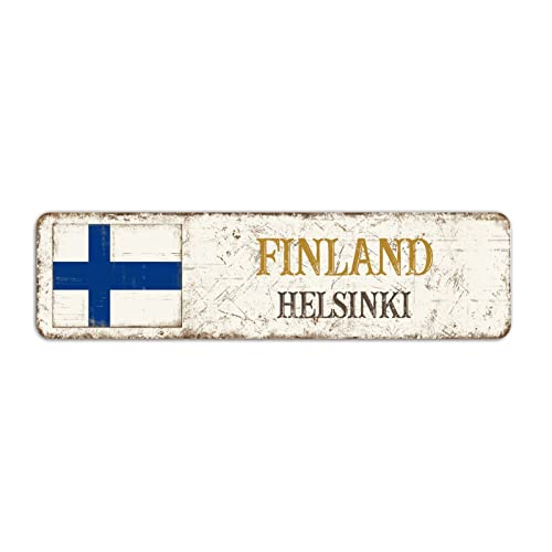 Willkommen Helsinki Schild, Finnland Helsinki City Straßenschild Retro Finnland Aluminium Schild Hauptstadt Vintage Metallschild Wanddekoration, 8 x 30 cm von Yelolyio