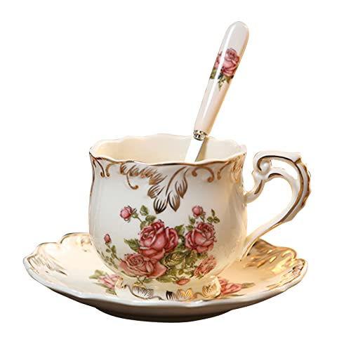 Porzellan-Rosen-Blumen-Meeres-Tassen-Set, 250 ml, Keramik, Teetasse und Untertassen mit Löffel, Trinkutensilien, Löffel, Schale für Kaffee von YiQinzcxg