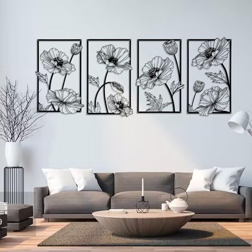 YiYa 4 Stück Wanddeko aus Metall Metall Blume Wand Dekor Floral Line Wandskulptur Schwarze Wanddekoration Minimalist Line Art für Zuhause Wohnzimmer Schlafzimmer von YiYa