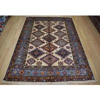 5x7 Kazak Teppich - Biege Blauer Afghan Handgeknüpfter Natur Wollteppich 150x200 von YildizRugs