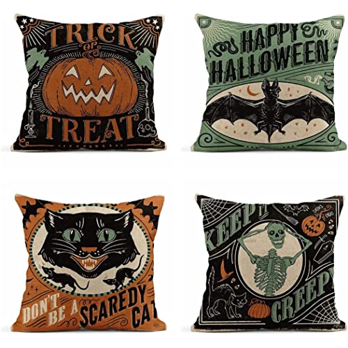 Yililay Set von 4 Flachs -Wurfkissenbezügen 16x16 Zoll Vintage Halloween Scaredy Katzen Kürbisse Skelette Home Decor Kissenbezug Kissen Cover für Sofa Bett Couch All Saints 'Day Dekor von Yililay