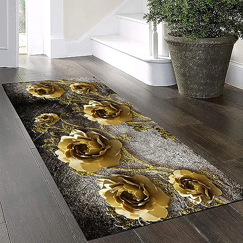 3D Blume Teppich Läufer Flur Küche Rutschfest Waschbar Teppichläufer Lang 50x100cm Schwarz/Gold Küchenläufer Meterware Korridor Tepiche Kücheteppich Schlafzimmer Wohnzimmer Flurmatten Breit 40-140Cm von Yinghesheng