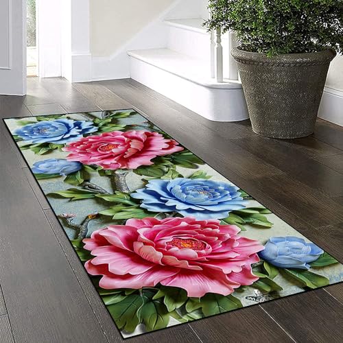 Yinghesheng Teppich Läufer Flur Küche rutschfest Waschbar 40x240cm Teppichläufer Lang,Pink Blau Blumen Küchenläufer Meterware Korridor Tepiche Schlafzimmer Esszimmer Schmutzfangmatte Breit 40-140cm von Yinghesheng