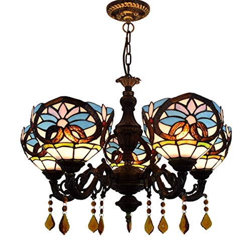 Yjmgrowing Vintage Art Tiffany Stil Glasmalerei 5 Arme Barock Kronleuchter mit 8 Zoll Lampenschirm Pendelleuchte für Wohnzimmer, 110-220 V (ohne Glühlampen) von Yjmgrowing