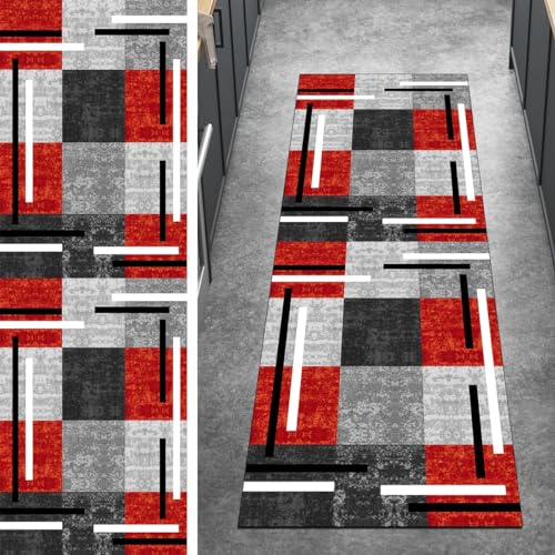 Ymural Läufer Flur rutschfest Teppich Küche 50x180CM Grau Rot Teppichläufer Waschbar Lang Patchwork Teppichmatten Meterware Kurzflor Polyester Korridor Schlafzimmer, Anpassbar Breite 40-120cm von Ymural