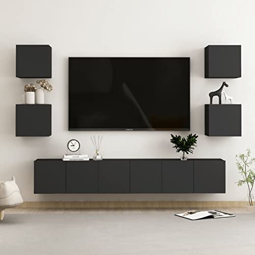 Yongdu 7-TLG. TV-Schrank-Set, Wohnwand Wohnzimmer, Anbauwand Wohnzimmer, Wohnzimmer Wand, Schrankwand Wohnzimmer, Schwarz Holzwerkstoff von Yongdu