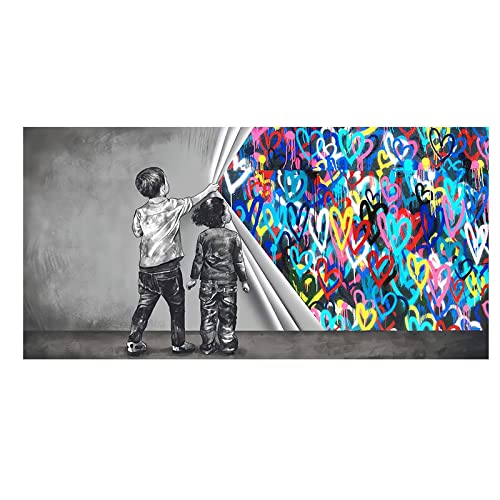 Yooyu Street Art Graffiti Jungen und Mädchen enthüllen Vorhang Herz Kreative Leinwandkunst Poster Drucke Wandbild für Bürodekoration 80 x 162 cm (31 x 64 Zoll) mit Rahmen von Yooyu