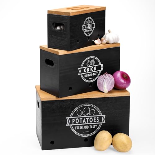 Yorbay Kartoffel Aufbewahrungsbox Holz 3er Set kartoffel aufbewahrung Knoblauch und Zwiebel Aufbewahrung, Kartoffel Vorratsdosen Set Kann Gemüse für eine Lange Zeit lagern (Schwarz) von Yorbay