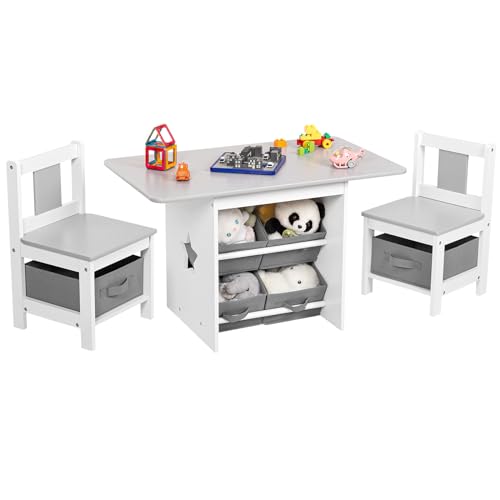 Yorbay Kindertisch mit 2 Stühle, Kindertisch mit Stauraum, 3tlg Kindersitzgruppe, Sitzgruppe für Kinder, Maltisch für Kinderzimmer, Spielzimmer, Vorschüler, Kindermöbel (Grau) von Yorbay