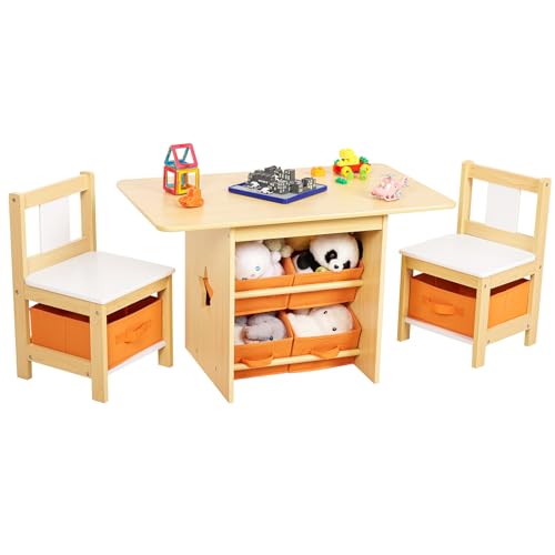 Yorbay Kindertisch mit 2 Stühle, Kindertisch mit Stauraum, 3tlg Kindersitzgruppe, Sitzgruppe für Kinder, Maltisch für Kinderzimmer, Spielzimmer, Vorschüler, Kindermöbel (Natur) von Yorbay