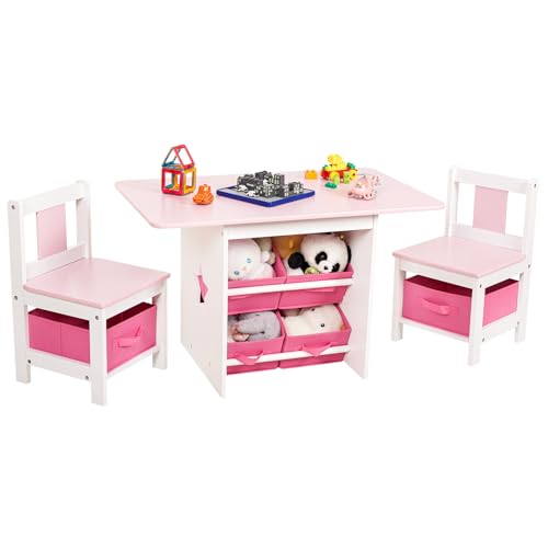 Yorbay Kindertisch mit 2 Stühle, Kindertisch mit Stauraum, 3tlg Kindersitzgruppe, Sitzgruppe für Kinder, Maltisch für Kinderzimmer, Spielzimmer, Vorschüler, Kindermöbel (Rosa) von Yorbay