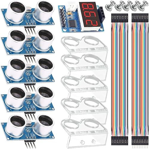 Youmile 5 Stück HHC-SR04 Ultrasonic Sensor Ultraschallsensor-Entfernungsmodul + Ultraschallsensor-Entfernungsanzeigemodul mit Montagehalterung, DuPont-Kabel, Schraubenmutternsatz von Youmile