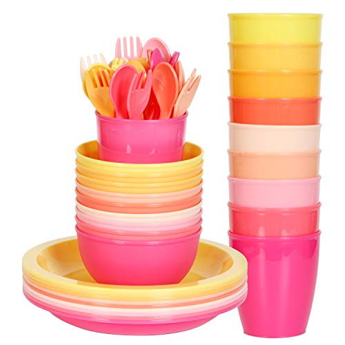Youngever 54 Teiliges Kunststoff Kindergeschirr Set, Mehrweg Kleinkind Geschirr Set, Dinnerset in 9 Farben (Pink) von Youngever