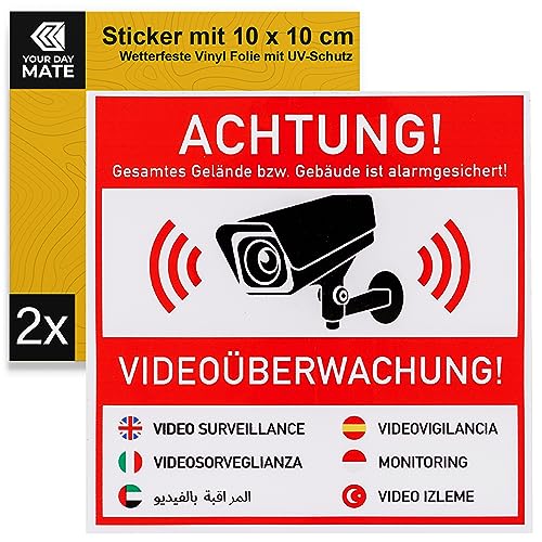 Aufkleber Set "ACHTUNG! VIDEOÜBERWACHUNG!", 2 Stück, 10 x 10 cm, selbstklebende Folie, Warnhinweis Sticker Innen- und Außenbereich, Video Überwachung Klebesticker, Kamera Hinweisschild in 7 Sprachen von Your Day Mate