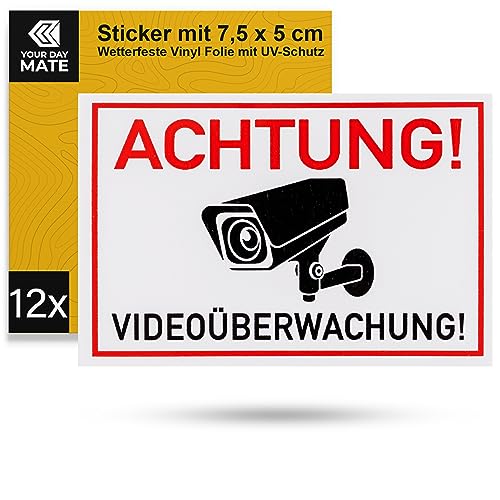 Aufkleber Set "Achtung! Videoüberwachung!", 12 Stück, 7,5 x 5 cm, selbstklebende Folie, Klebesticker für Innen- und Außenbereich, Video Überwachung Warnung Sticker, Video Kamera Hinweisschild kleben von Your Day Mate