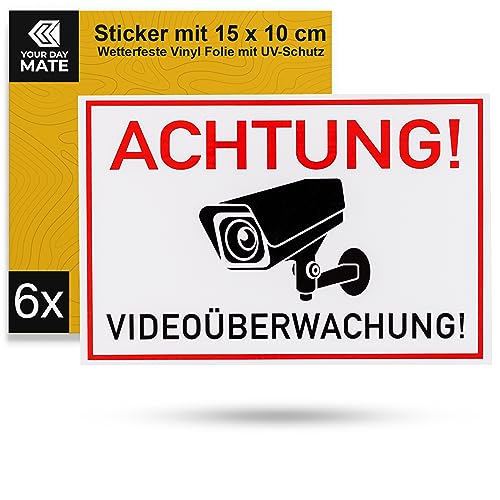 Aufkleber Set "Achtung! Videoüberwachung!", 6 Stück, 15 x 10 cm, selbstklebende Folie, Sticker zum Kleben für Innen- und Außenbereich, Video Überwachung Hinweisfolie, Kamera Video Warnhinweis Schild von Your Day Mate