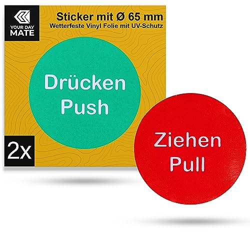 Aufkleber Set "Drücken Ziehen Push Pull", 1 Paar, Ø 65 mm, doppelseitige selbstklebende Folie, Klebeseite bei "Ziehen", Türschild Klebesticker für Innen- und Außenbereich, Hinweis Schild Klebepad Kit von Your Day Mate