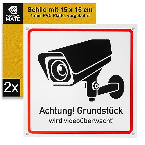 Hinweisschild "Achtung! Grundstück wird videoüberwacht!", 2 Stück, 15 x 15 cm, 1 mm starkes PVC Schild mit Bohrlöchern, Warnschild kameraüberwacht für Innen- und Außenbereich, Schild Video Überwachung von Your Day Mate