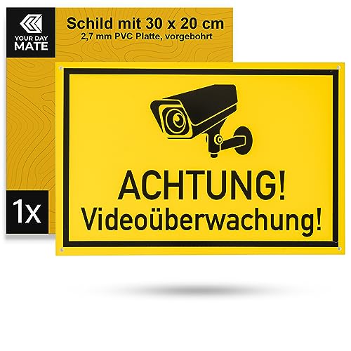Hinweisschild "Achtung! Videoüberwachung!", 1 Stück, 30 x 20 cm, 2,7 mm starkes PVC Schild mit Bohrlöchern, Video Überwachung Schilder für Innen- und Außenbereich, Kameraüberwachung Schild Grundstück von Your Day Mate