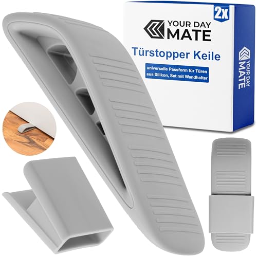 Türstopper Keile mit Halter, 2 Pack, in Grau, aus Silikon, flexibel und rutschfest, Türpuffer für drinnen und draussen, Bodenstopper Wandschutz, Türfeststeller Keilform, Halterung Tür Stopper Keil Set von Your Day Mate