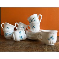 Arcopal Veronica Myosotis France Vergissmeinnicht Muster Vintage Milchglas Geschirr Tasse Und Untertasse 6Er Set von YourYesterYears