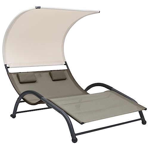 Youuihom Strand-Loungesessel Garten-Liegestühle Layout Stuhl Doppel-Sonnenliege mit Sonnendach Textilene Taupe Geeignet für Strand, Camping, Pool, Terrasse, Rasen von Youuihom