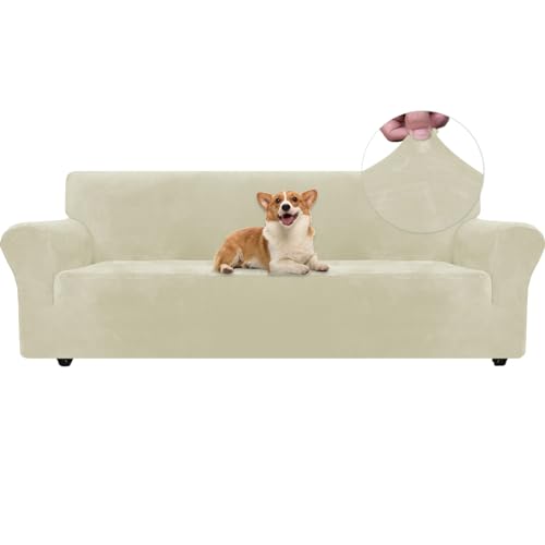 Ystyle Sofa Überzug Samt 4 Sitzer, Stretch Sofabezug, Sofaschoner rutschfest, Elastischer Sofa Bezug, Sofa Cover Mit Armlehnen, Bezug Sofa Sofaschutz Katze Couchschoner Sofa Decken, Beige von Ystyle