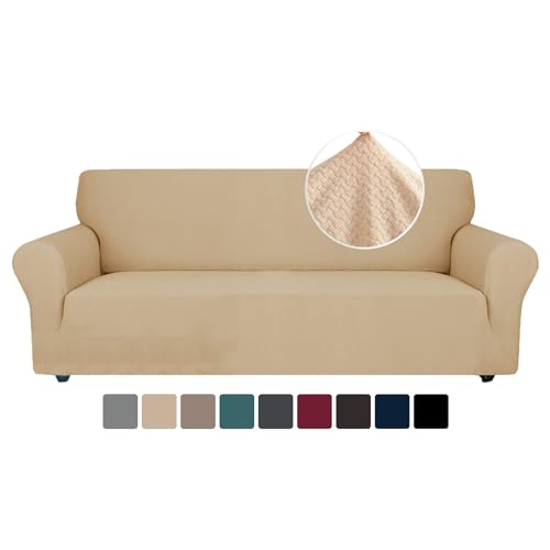 Ystyle Stretch Sofa überzug 4 Sitzer, Elastisch Sofabezug Mit Armlehnen, Jacquard Couch überzug rutschfest, Waschbar Sofa Cover Protector Für Hunde Haustiere, Beige Gelb von Ystyle