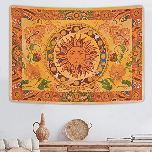 Yugarlibi Brennende Sonne Wandteppich Frühling Blumen Vintage Wandbehang Orange Konstellation Wandteppich für Schlafzimmer Wohnzimmer 210x150cm von Yugarlibi