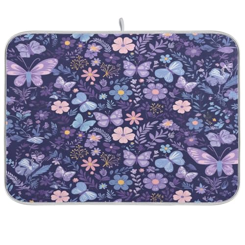 Abtropfmatte, blau-violette Blumen, Retro-Schmetterlinge, mit Abtropfgestell, 45,7 x 61 cm, Küchentheke, Abtropfmatte, Küche, saugfähig, große Abtropfmatte von Yuiboo