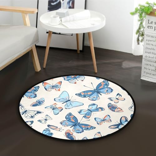 Area Rug Teppich, 91 cm, rund, blaue Schmetterlinge, Kunst, hellgelb, runder Teppich für Küche, Büro, freundlicher Bereich, Teppich für Kinder und Haustiere von Yuiboo