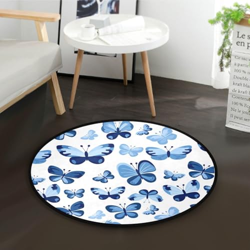 Haustierfreundlicher Teppich, rund, blaue Schmetterlinge, elegant, rutschfest, rund, für Wohnzimmer, Esszimmer, Sofa, 91 cm Durchmesser von Yuiboo