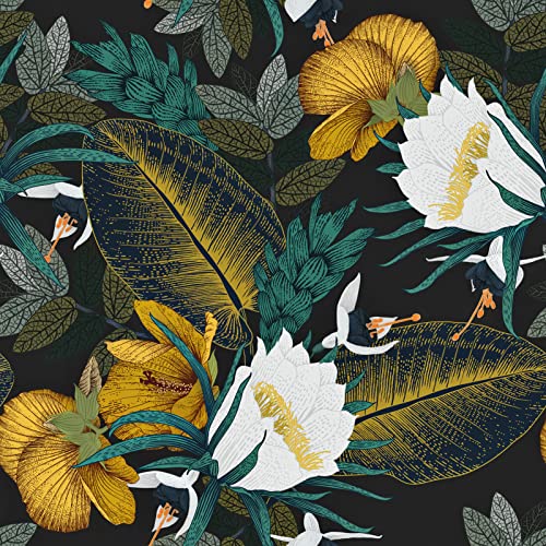 Selbstklebende Tapete Gold/Schwarz/Weiß matt Klebefolie für Möbel blumen Luxuriös möbelfolie grün Blätter vintage tapeten wohnzimmer muster 44.5cm x 300cm von Yullpaper